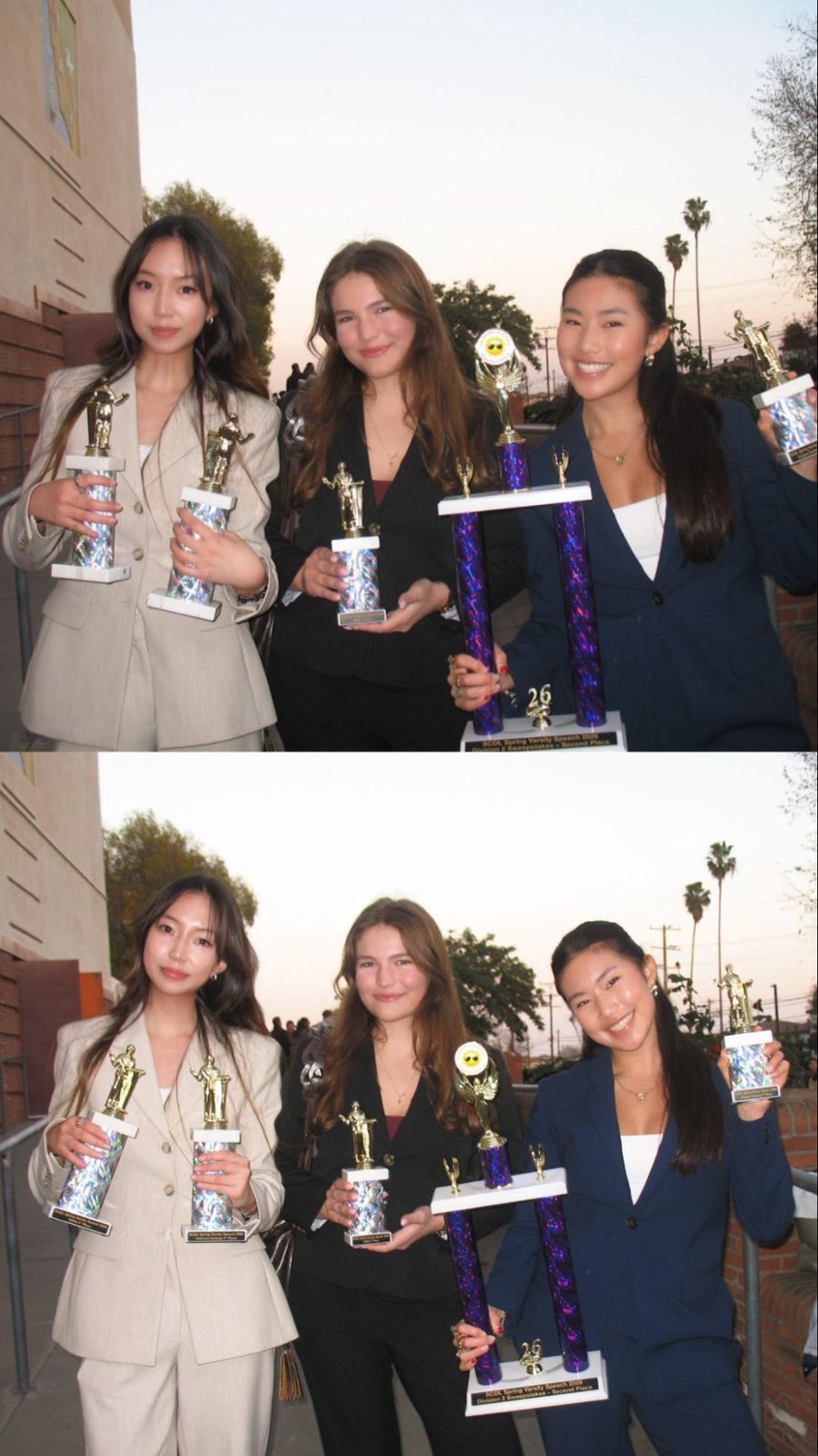 A photo strip of three competitors with trophies